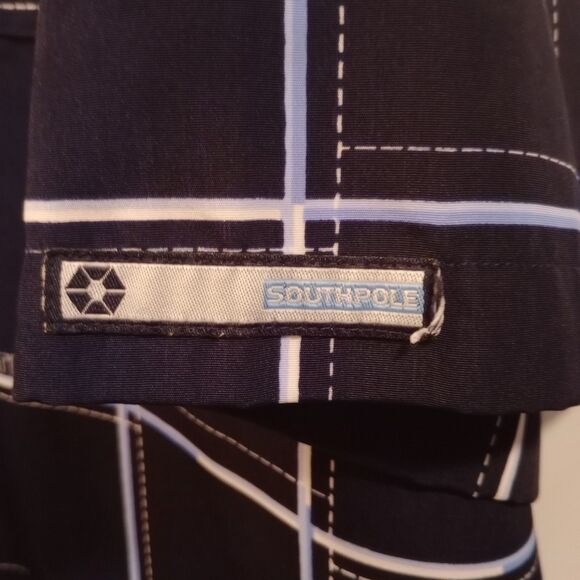 Vintage Southpole  Navy Blue Plaid Shirt Button Up Size 2XL Spell Out HAS A HOLE - Picture 4 of 7